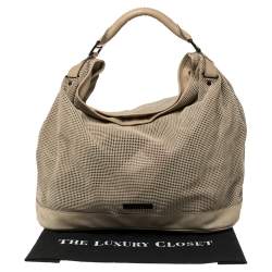 Pre Owned Burberry Beige Perforated Suede and Leather Oversized Hobo