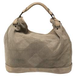 Pre Owned Burberry Beige Perforated Suede and Leather Oversized Hobo