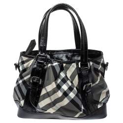 مملوكة مسبقًا حقيبة يد بربري لو ري جلد لامع و نايلون مربعات بيت أسود و رصاصي