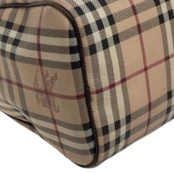 Pre Owned Burberry Beige/Brown Haymarket Check PVC and Leather Boston Bag