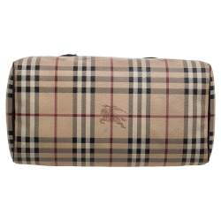 Pre Owned Burberry Beige/Brown Haymarket Check PVC and Leather Boston Bag