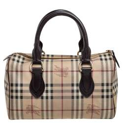 Pre Owned Burberry Beige/Brown Haymarket Check PVC and Leather Boston Bag