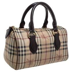Pre Owned Burberry Beige/Brown Haymarket Check PVC and Leather Boston Bag