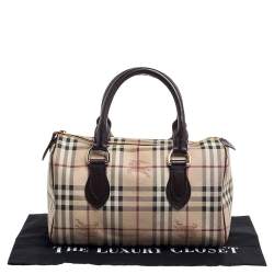 Pre Owned Burberry Beige/Brown Haymarket Check PVC and Leather Boston Bag