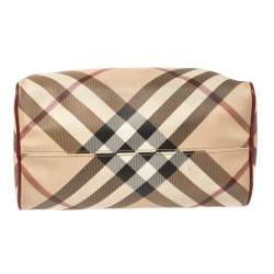 مملوكة مسبقًا Burberry Red/Beige Nova Check Coated Canvas and Patent Leather Boston Bag