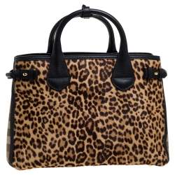 Pre Owned Burberry Black/Brown Leopard Print Calfhair, Leather and House Check Canvas Medium Banner Tote