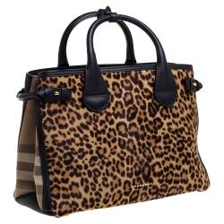 Pre Owned Burberry Black/Brown Leopard Print Calfhair, Leather and House Check Canvas Medium Banner Tote