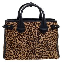 Pre Owned Burberry Black/Brown Leopard Print Calfhair, Leather and House Check Canvas Medium Banner Tote