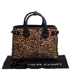 Pre Owned Burberry Black/Brown Leopard Print Calfhair, Leather and House Check Canvas Medium Banner Tote
