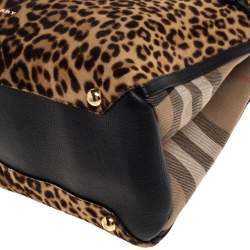 Pre Owned Burberry Black/Brown Leopard Print Calfhair, Leather and House Check Canvas Medium Banner Tote
