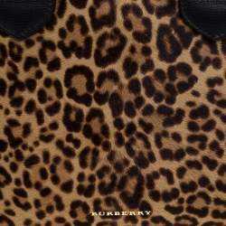 Pre Owned Burberry Black/Brown Leopard Print Calfhair, Leather and House Check Canvas Medium Banner Tote