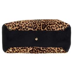 Pre Owned Burberry Black/Brown Leopard Print Calfhair, Leather and House Check Canvas Medium Banner Tote