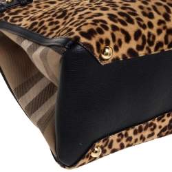 Pre Owned Burberry Black/Brown Leopard Print Calfhair, Leather and House Check Canvas Medium Banner Tote