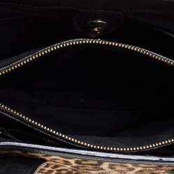 Pre Owned Burberry Black/Brown Leopard Print Calfhair, Leather and House Check Canvas Medium Banner Tote