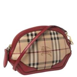 Pre Owned Burberry Red/Beige Haymarket Check Coated Canvas and Leather Mini Orchard Crossbody Bag