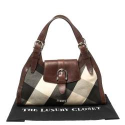 Burberry Brown Leather and Mega Check Canvas Buckle Flap Shoulder Bag