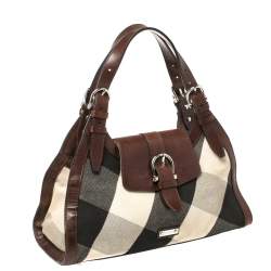 Burberry Brown Leather and Mega Check Canvas Buckle Flap Shoulder Bag