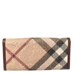 Pre Owned Burberry Beige/Maroon Floral Embossed Nova Check Canvas and Leather Molly Wallet