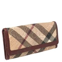 Pre Owned Burberry Beige/Maroon Floral Embossed Nova Check Canvas and Leather Molly Wallet