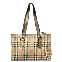 Pre Owned Burberry Beige/Metallic Haymarket Check Coated Canvas and Leather Regent Tote