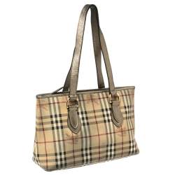 Pre Owned Burberry Beige/Metallic Haymarket Check Coated Canvas and Leather Regent Tote