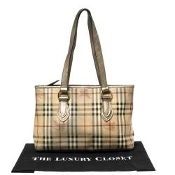 Pre Owned Burberry Beige/Metallic Haymarket Check Coated Canvas and Leather Regent Tote