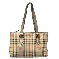 Pre Owned Burberry Beige/Metallic Haymarket Check Coated Canvas and Leather Regent Tote