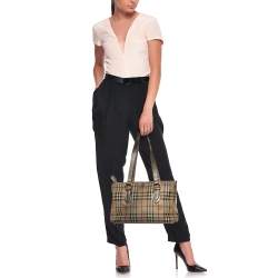 Pre Owned Burberry Beige/Metallic Haymarket Check Coated Canvas and Leather Regent Tote