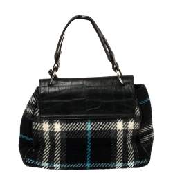 Pre Owned Burberry Black Classic Check Wool and Croc Embossed Leather Vintage Flap Tp Handle Bag