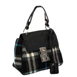 Pre Owned Burberry Black Classic Check Wool and Croc Embossed Leather Vintage Flap Tp Handle Bag