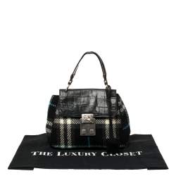 Pre Owned Burberry Black Classic Check Wool and Croc Embossed Leather Vintage Flap Tp Handle Bag