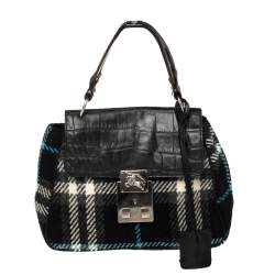 Pre Owned Burberry Black Classic Check Wool and Croc Embossed Leather Vintage Flap Tp Handle Bag