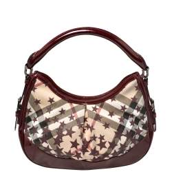 Pre Owned Burberry Burgundy/Beige Star Check PVC and Patent Leather Hernville Hobo