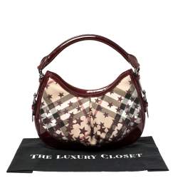 Pre Owned Burberry Burgundy/Beige Star Check PVC and Patent Leather Hernville Hobo