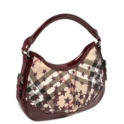 Pre Owned Burberry Burgundy/Beige Star Check PVC and Patent Leather Hernville Hobo