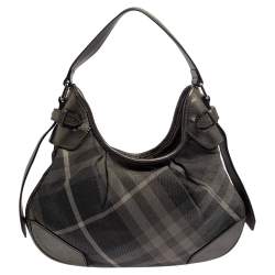 Pre Owned Burberry Grey Beat Check Shimmer Canvas and Leather Small Brooklyn Hobo