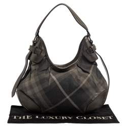 Pre Owned Burberry Grey Beat Check Shimmer Canvas and Leather Small Brooklyn Hobo