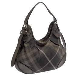 Pre Owned Burberry Grey Beat Check Shimmer Canvas and Leather Small Brooklyn Hobo