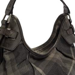 Pre Owned Burberry Grey Beat Check Shimmer Canvas and Leather Small Brooklyn Hobo