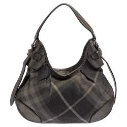 Pre Owned Burberry Grey Beat Check Shimmer Canvas and Leather Small Brooklyn Hobo