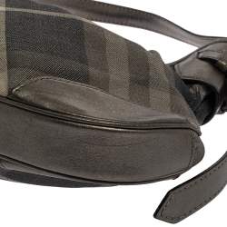 Pre Owned Burberry Grey Beat Check Shimmer Canvas and Leather Small Brooklyn Hobo