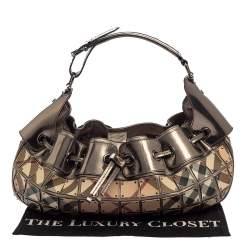 Pre Owned حقيبة هوبو بربري واريور صغيرة جلد و كانفاس مربعات نوفا رصاصي ميتاليك