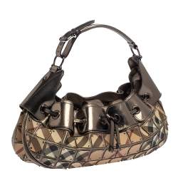 Pre Owned حقيبة هوبو بربري واريور صغيرة جلد و كانفاس مربعات نوفا رصاصي ميتاليك