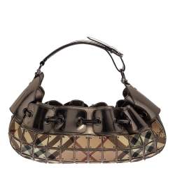 Pre Owned حقيبة هوبو بربري واريور صغيرة جلد و كانفاس مربعات نوفا رصاصي ميتاليك