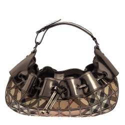 Pre Owned حقيبة هوبو بربري واريور صغيرة جلد و كانفاس مربعات نوفا رصاصي ميتاليك