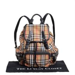 Pre Owned Burberry Beige/Black Vintage Check Canvas and Leather Rucksack Backpack