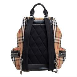 Pre Owned Burberry Beige/Black Vintage Check Canvas and Leather Rucksack Backpack