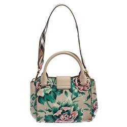 Pre Owned Burberry Multicolor Floral Print Grained Leather Small Buckle Tote