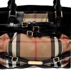 Pre Owned Burberry Black House Check Canvas and Leather Medium Bridle Lynher Tote