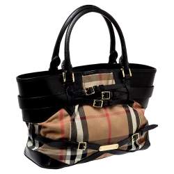 Pre Owned Burberry Black House Check Canvas and Leather Medium Bridle Lynher Tote